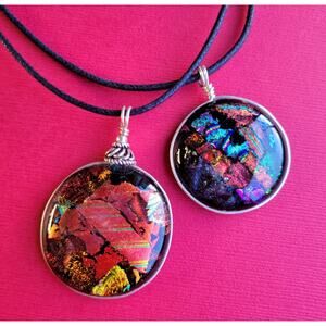 Two Sterling Wrapped Fused Dichroic Glass Pendant Necklaces Handmade Glass Gifts